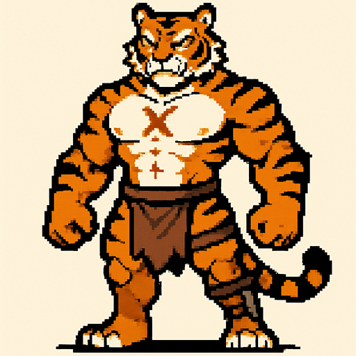Tigre furry fuerte con una marca de x en su pectoral y pixeleado y que se vea todo su cuerpo, con un taparrabos y una piernera con una daga 
In-Game asset.  2d.  High contrast.  No shadows