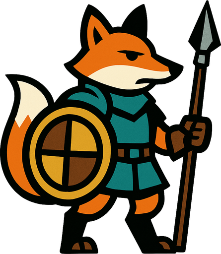 caballero zorro, con escudo y lanza.
In-Game asset.  2d.  High contrast.  No shadows