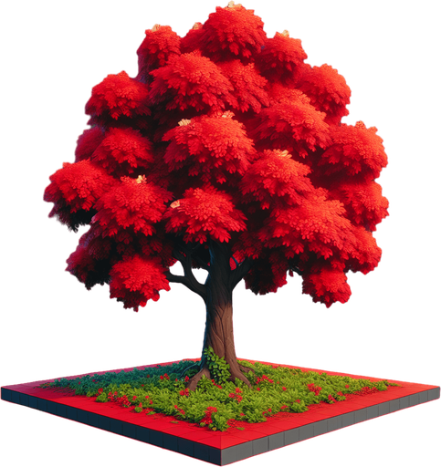 Red tree.
Single Game Texture.  In-Game asset.  2d.  Blank background.  High contrast.  No shadows