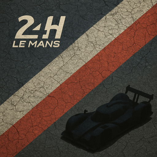 Photorealistic, high textured menu wallpapper about Le Mans 24H racing with  diagonal thick darkblue, white, red stripes on a Cracked asphalt racetrack top view.
There is a dark prototype racing car siluette In the down right corner of the menu.