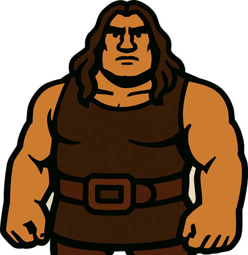 Uzun saçlı kahverengi renkte iri bir adam.
In-Game asset.  2d.  High contrast.  No shadows