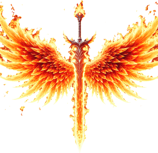 giant flaming angel's sword.
Single Game Texture.  In-Game asset.  2d.  Blank background.  High contrast.  No shadows