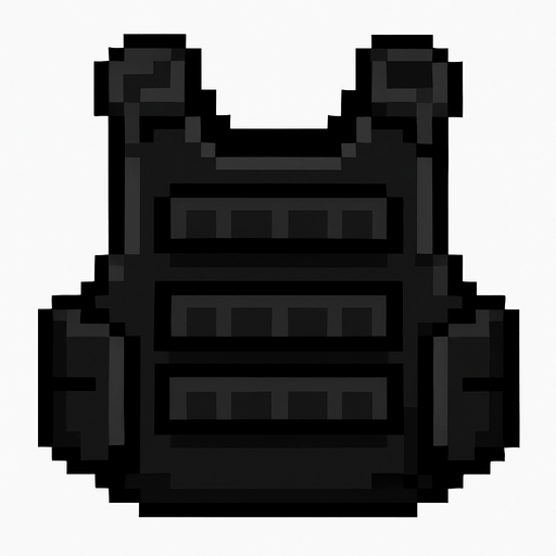 chaleco antibalas negro hecho con pixeles..
In-Game asset.  2d.  High contrast.  No shadows
