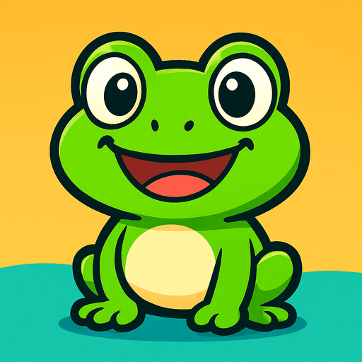“A cute cartoon-style frog character for a mobile game. Bright green skin, big round eyes, wide smiling mouth, small chubby body, sitting or standing upright. Friendly and playful expression, simple colorful background. High-quality digital illustration, perfect for a fun kids game.”.
In-Game asset.  2d.  High contrast.  No shadows. cartoon style
