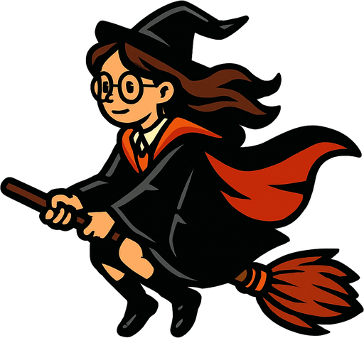 çalı süpürgesine binen pelerinli kız bir büyücü harry potter temasında.
In-Game asset.  2d.  High contrast.  No shadows