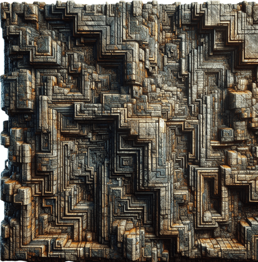 Les murs du labyrinthe sont massifs, faits de pierre vieillie et recouverts de lichens et de mousses qui ajoutent une touche d'humidité et d'abandon. Leur texture est rugueuse, avec des fissures profondes qui laissent deviner l’âge et l’histoire de ce lieu oublié.

    Couleur : La couleur des murs varie, mais elle est dominée par des tons sombres : gris foncé, marron, et parfois des touches d'ocre là où l'humidité a pris ses marques. Ils semblent presque absorbers la lumière de la torche du personnage, rendant l'atmosphère encore plus oppressante. De temps à autre, des éclats métalliques ou des traces de rouille peuvent se deviner sur les bords, suggérant des artefacts oubliés du passé.

    Forme et structure : Les murs ne sont pas droits. Ils sont souvent irréguliers, déformés, avec des angles aigus ou des corners inattendus qui surprennent le joueur et compliquent son déplacement. Certains murs peuvent même être en partie effondrés, créant des passages secrets ou des obstacles qu'i.
Single Game Texture.  In-Game asset.  2d.  Blank background.  High contrast.  No shadows