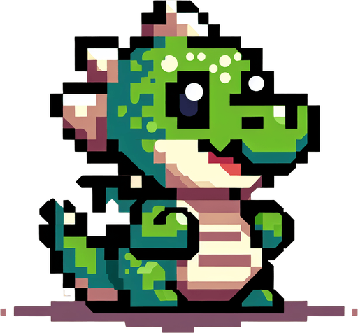 a pixel funny dragon looking right similar to Bubble Booble.
Single Game Texture.  In-Game asset.  2d.  Blank background.  High contrast.  No shadows