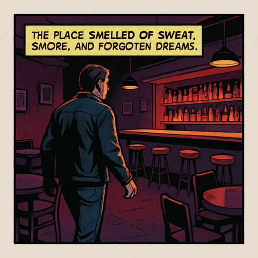 A comic panel styled like a square photo print with a clean white border. Realistic comic art. Scene: Inside a dimly lit bar, red and purple hues, empty chairs, bar counter glowing faintly. Noah walks in cautiously. Narrator box at the top reads: “The place smelled of sweat, smoke, and forgotten dreams.”.
In-Game asset.  2d.  High contrast.  No shadows