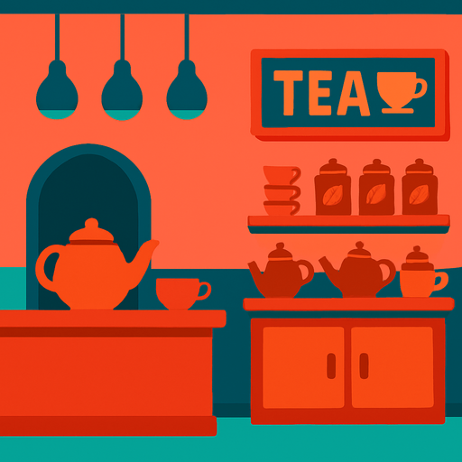 Make a tea shop background.
In-Game asset.  2d.  High contrast.  No shadows