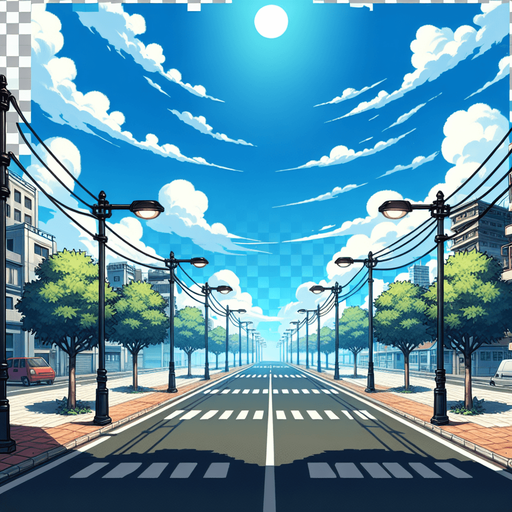 uma rua com ceu azul, fundo png.
Single Game Texture. In-Game asset. 2d. Blank background. High contrast. No shadows.