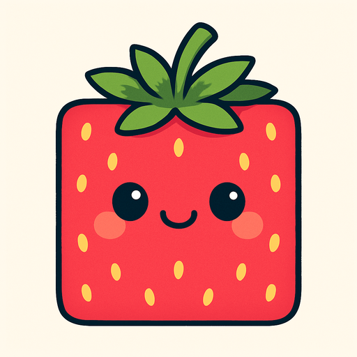 Perfectly square bright rose red stawberry with cute happyy face. Cartoon style. Cute art style. Simple vector style. 2d