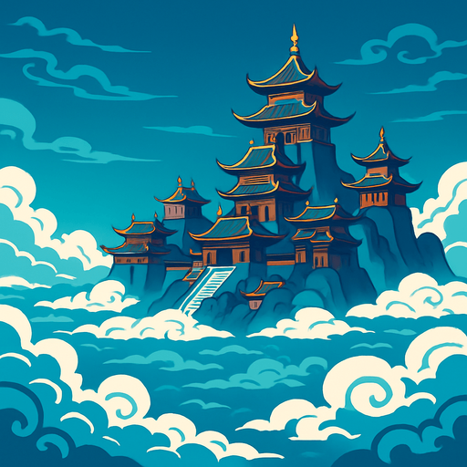 dari jauh terlihat istana langit di atas awan luas versi fantasy china.
In-Game asset.  2d.  High contrast.  No shadows