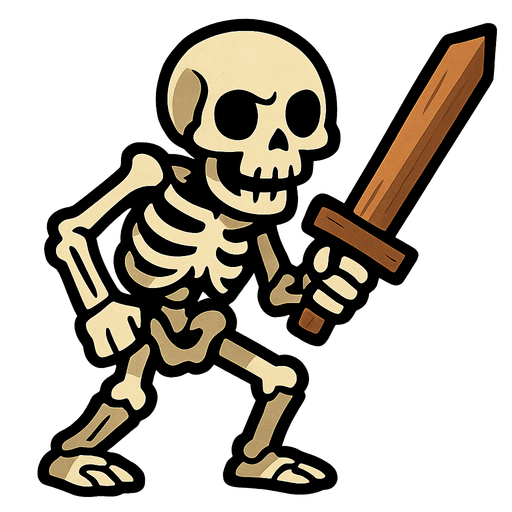 Skeleton with a wooden sword.
In-Game asset.  2d.  High contrast.  No shadows
