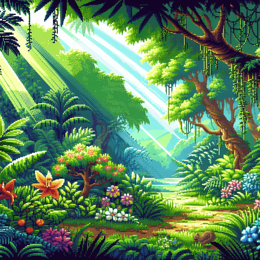 a jungle with light streaming in from above, pixel art

Single Game Texture. In-Game asset. 2d. Blank background. High contrast. No shadows.