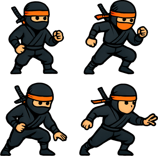 Different frames animation of full body of a ninja character, black color outfit, head bondage orange, have sword behind it. HD colors.
In-Game asset.  2d.  High contrast.  No shadows