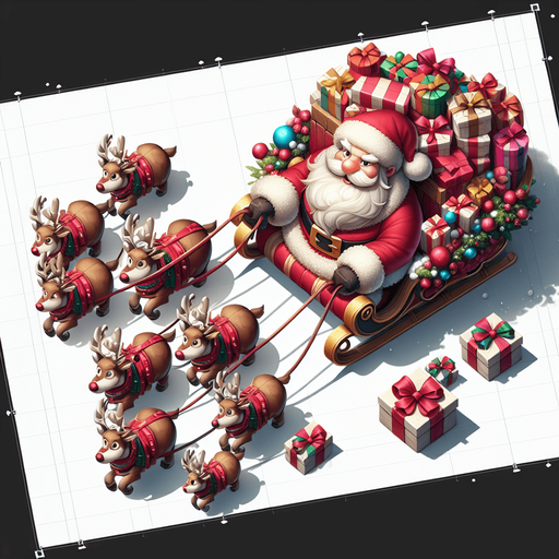Santa on sleigh pulled by reindeer blank background no shadows flying forward away straight top down Single Game Texture. In-Game asset. 2d. Blank background. High contrast. No shadows.