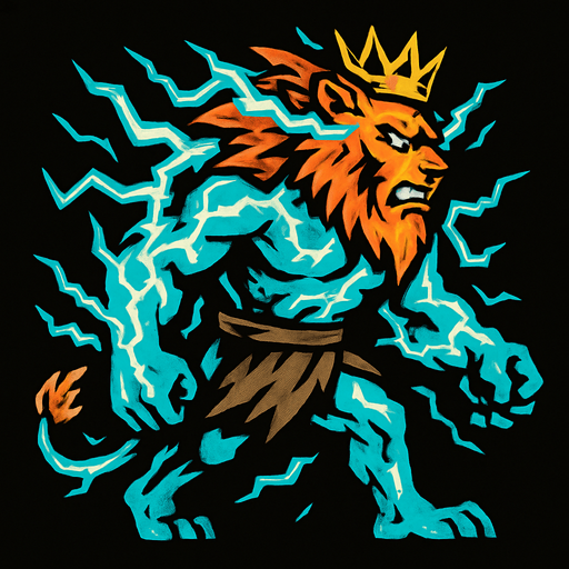 aslan ve insan karışımı yıldırımla kaplı bir canavar kralı sağdan sola yürüyen.
In-Game asset.  2d.  High contrast.  No shadows