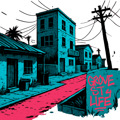 Gangside ghetto Neighbourhood.
In-Game asset.  2d.  High contrast.  No shadows