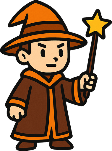 Mago con sombrero naranja y marrón sin barba con varita con estrella, de cuerpo entero.
In-Game asset.  2d.  High contrast.  No shadows