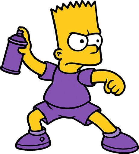 Bart holding a purple Spraycan while he is wearing purple shoes and shorts. Show all of his body in a fighting stance
In-Game asset.  2d.  High contrast.  No shadows