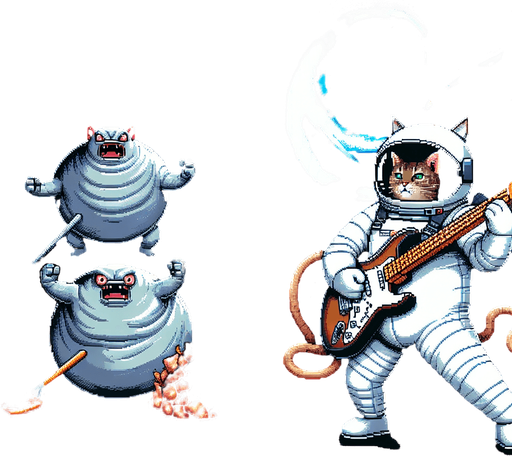 Epic clash of intergalactic tubs of lard and  anthropomorphic skillets cooking bacon while brandishing a switchblade knife versus a morbidly obese astronaut cat with a funny expression shooting sonic blasts from the fender Stratocaster being played, cinematic, exciting, 16-bit pixel art.
Single Game Texture. In-Game asset. 2d. Blank background. High contrast. No shadows.