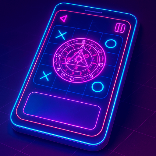 Neon cyberpunk mobile game trackpad too down flat 3d 2d hologram futuristic magic occult chic