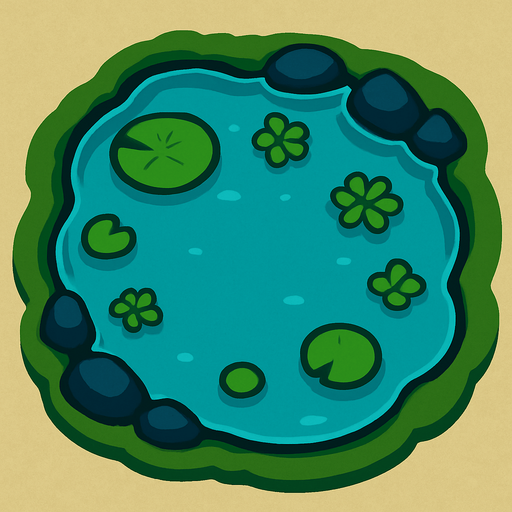 A pond. Top down view..
In-Game asset.  2d.  High contrast.  No shadows