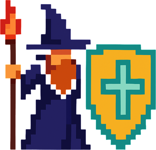 piksel kalkanlı büyücü.
In-Game asset.  2d.  High contrast.  No shadows