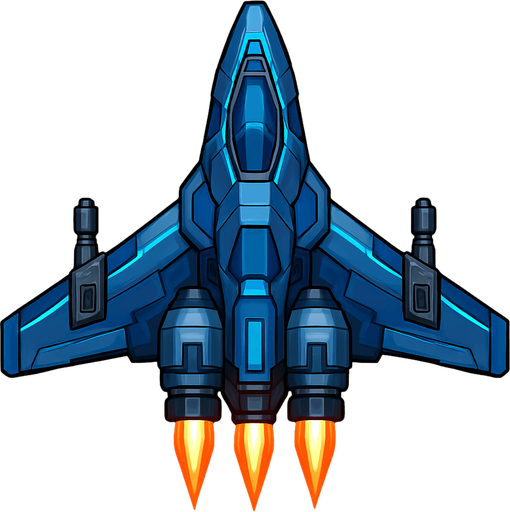 Upgrade the Level 1 ship into a more capable 2D top-down design. Add wing extensions with subtle glowing lines, a larger engine section with animated thrusters, and two visible weapon hardpoints. Add more color variation (blues, steel, light glow effects) to indicate progress and increased power..
In-Game asset.  2d.  High contrast.  No shadows