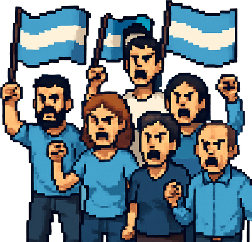 Un grupo de gente manifestando a cuerpo completo mirando al frente enojada con banderas argentinas, todo en pixel art.
In-Game asset.  2d.  High contrast.  No shadows