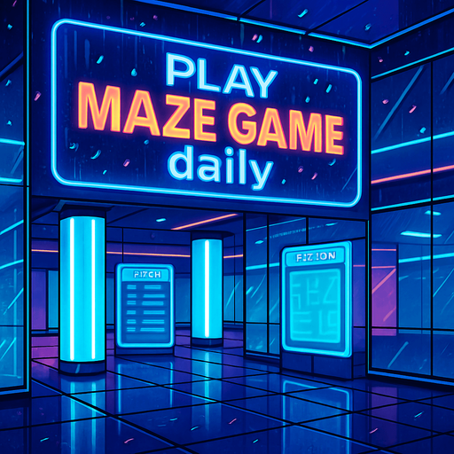 “Render a futuristic plaza interior with holographic directories, neon columns, and reflective glass panels. A massive overhead display reads ‘Play Maze Game daily’ in bold animated text. Include drifting digital confetti effects, subtle rain droplets on glass, and ambient neon glow—no characters or coins.”.
In-Game asset.  2d.  High contrast.  No shadows