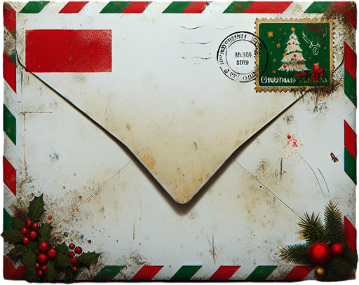 a simple eerie christmas blank dirty letter envelope. Use christmas colors.
Single Game Texture. In-Game asset. 2d. Blank background. High contrast. No shadows. No text.