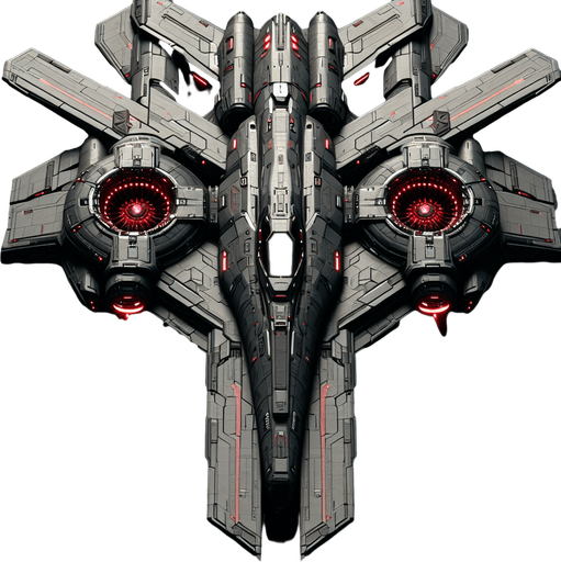 A 2D top-down view of an alien spaceship with a dark metallic body, glowing red energy cores, and sharp angular wings. The design is sleek and futuristic, suitable for a space shooter game..
Single Game Texture.  2d.  Blank background.  High contrast.  No shadows