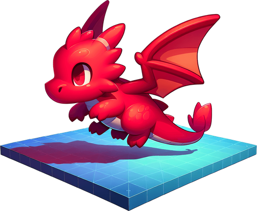 Cute toony red cool dragon in flight sideview.
Single Game Texture. In-Game asset. 2d. Blank background. High contrast. No shadows.