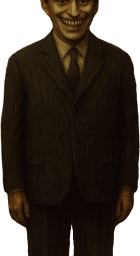 make his head backwards looking to camera and smiles uncanny horror