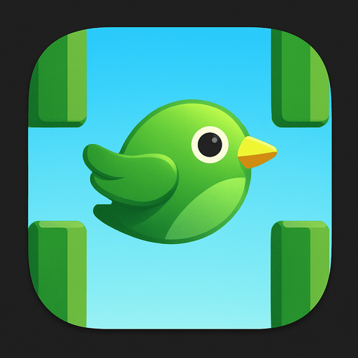 Modern App Store icon, high definition, square with rounded corners, for a game titled "Flap & Float" and with the description "Simple hyper casual bird game where you flap back and forward between walls!". No text on icon! Add green bird on green walls