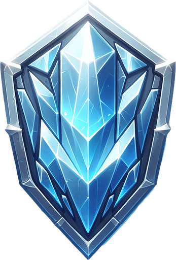 An angular, crystalline shield shimmering with blue light..
Single Game Texture.  In-Game asset.  2d.  Blank background.  High contrast.  No shadows