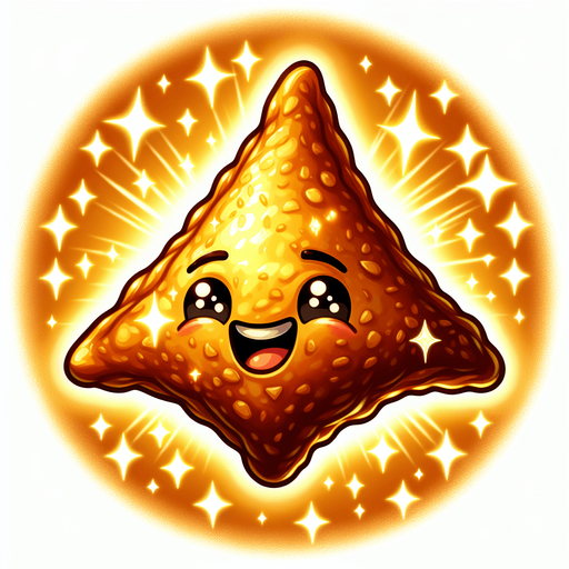 Create a cute and shiny 2D samosa with a golden-brown crispy texture. It should have a smiley face and a slight glow, making it look collectible and delicious. The art style should be cartoonish and exaggerated for a fun game..
Single Game Texture.  In-Game asset.  2d.  Blank background.  High contrast.  No shadows