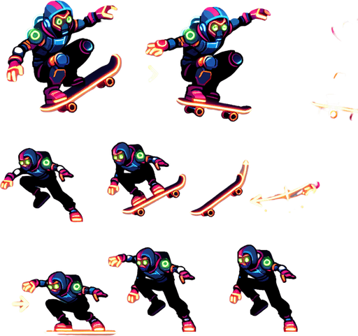 Animated skating sprite sheet (8 frames)

Jumping animation (3 frames)

Ideal size: 150x200 pixels

Theme: Futuristic athlete with skate board glowing accents. cartoonish with glowing colors
Single Game Texture.  In-Game asset.  2d.  Blank background.  High contrast.  No shadows