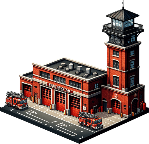 firestation.
Single Game Texture.  In-Game asset.  2d.  Blank background.  High contrast.  No shadows