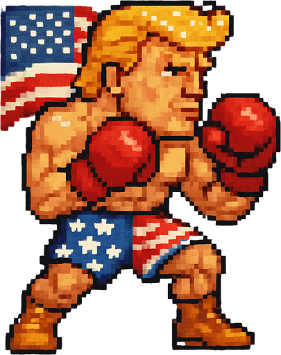 pixel streetfighter style blonde american fighter, looked like donald trump, with american flag short, and boxing gloves