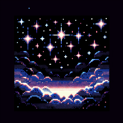 Dark night sky. Dim stars. DMT psychedelic.
Single Game Texture. In-Game asset. 2d. Blank background. High contrast. No shadows. 8 bit