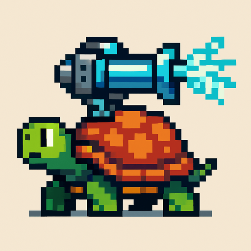 a turtle with an ice gun on her shell, pixelart.
In-Game asset.  2d.  High contrast.  No shadows
