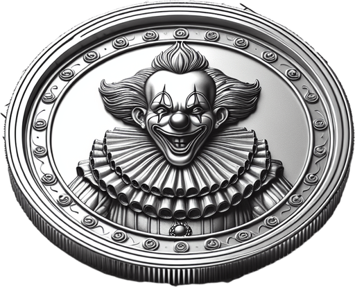silver coin with clown image.
Single Game Texture.  In-Game asset.  2d.  Blank background.  High contrast.  No shadows