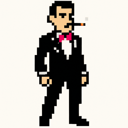 man in a black and white tuxedo with a pink bow tie and with a cigarette in his mouth, whole body shown 2d pixel art..
In-Game asset.  2d.  High contrast.  No shadows