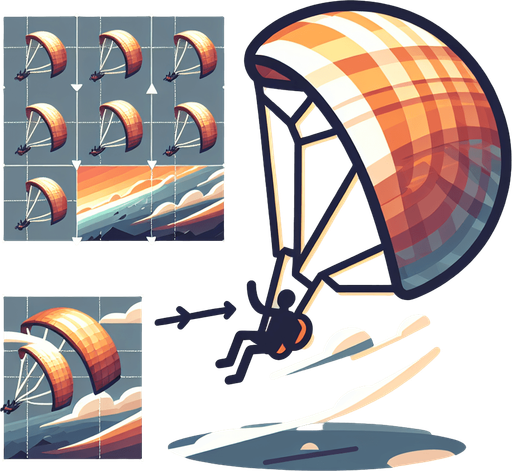 Человек летит на параплане. Мультяшный.
Single Game Texture.  In-Game asset.  2d.  Blank background.  High contrast.  No shadows