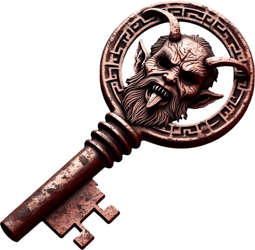 eerie creepy old rusty key with krampus face embossed on it png.
Single Game Texture. In-Game asset. 2d. Blank background. High contrast. No shadows.