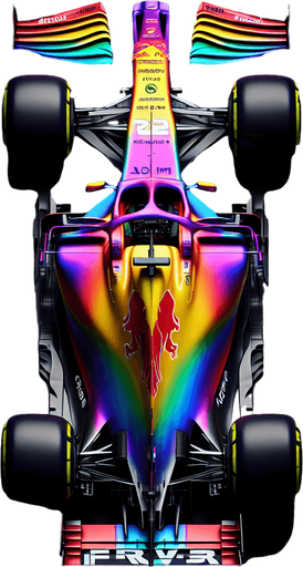 Full-length F1 race car. rainbow coloured Gradient on body. "FRVR" sponsor. Top view..
Single Game Texture. In-Game asset. 2d. Blank background. High contrast. No shadows.