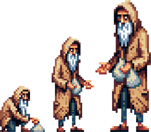 pixel art beggar.
Single Game Texture. In-Game asset. 2d. Blank background. High contrast. No shadows.