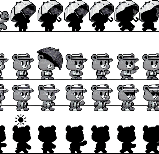A spritesheet with a number of poses of a cartoonish bear cub with a sunshade, smiling, walking, waiting, standing, ordering, turning, etc. all seen from the side.The spritesheet should be laid out in a rectangular grid with clear space between each individual sprite. Each sprite in the sheet should be around 300x600 pixels in size..
Single Game Texture. In-Game asset. 2d. Blank background. High contrast. No shadows.